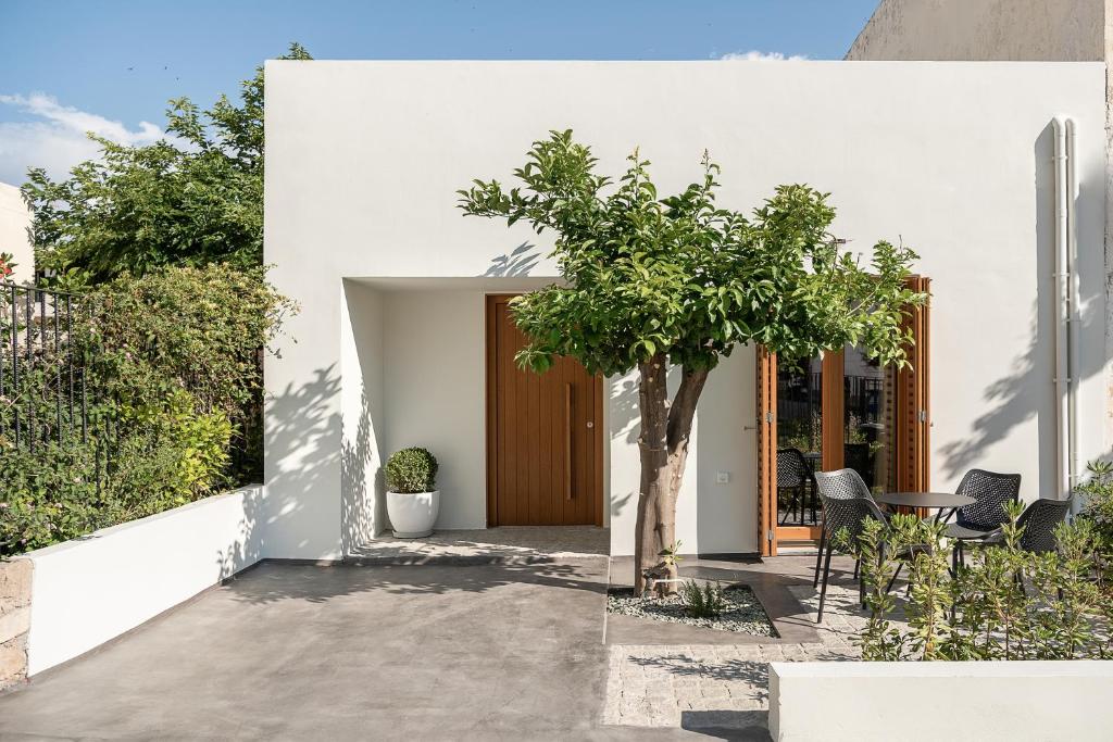 卡尼亞鎮的住宿－Lofos Casteli Sunlight，白色的房子,有种着树的庭院