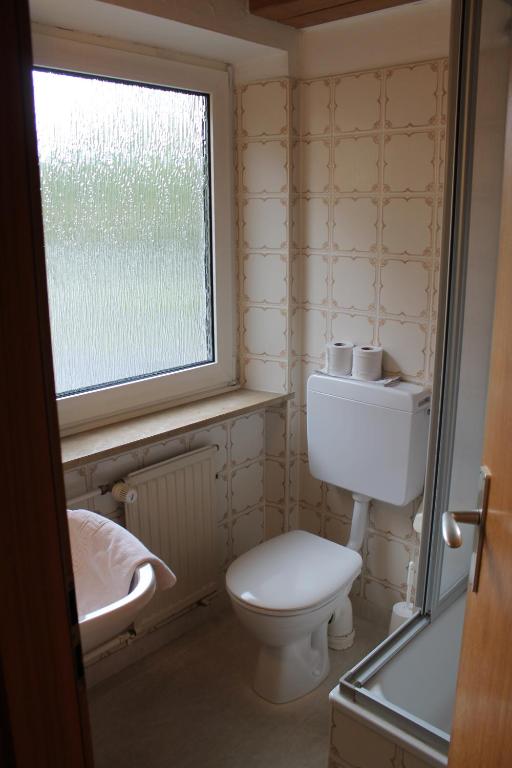 a bathroom with a toilet and a window at Hotel Gasthof zur Linde in Rothenburg ob der Tauber