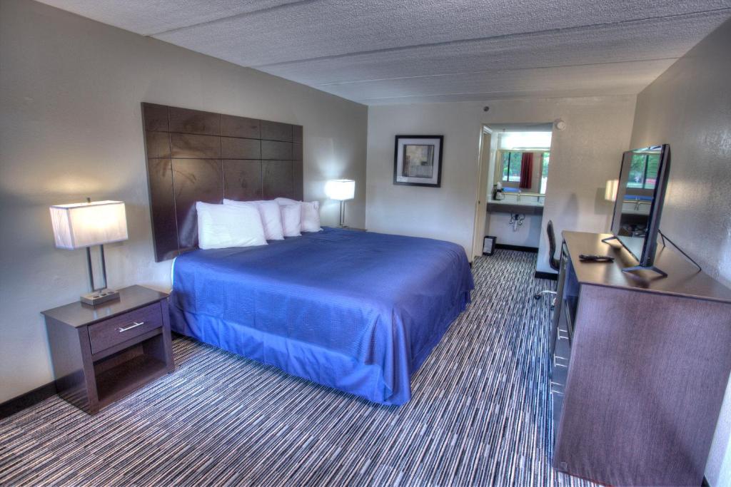 a hotel room with a blue bed and a television at Budgetel Inn and Suites Plus Helen in Helen