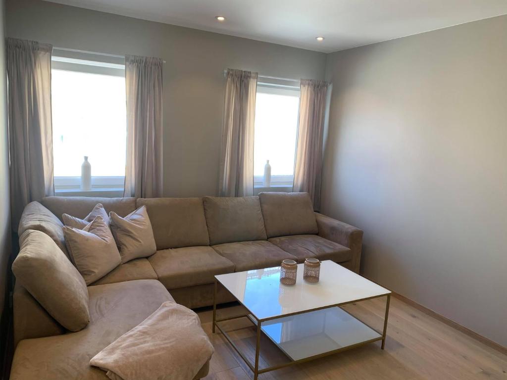 a living room with a couch and a table at Notodden Sentrum Apartment NO 4 in Notodden