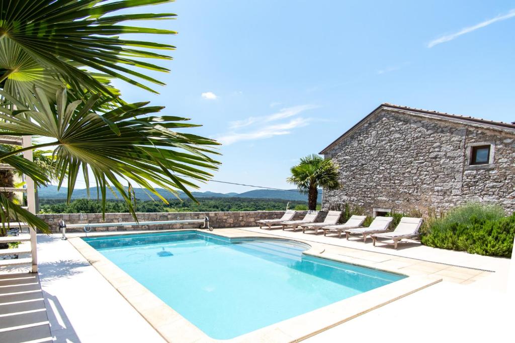 a villa with a swimming pool and palm trees at Villa HerMes ArT in Dutovlje