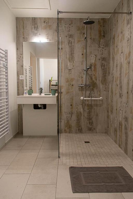 een badkamer met een douche, een wastafel en een spiegel bij Au détour des vignes in Ordonnac