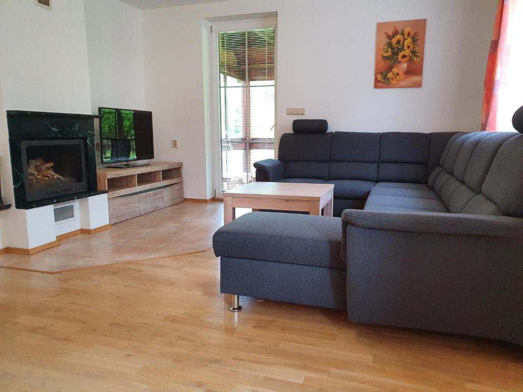 a living room with a couch and a tv at Apartmány Srní u Hlinska in Hlinsko