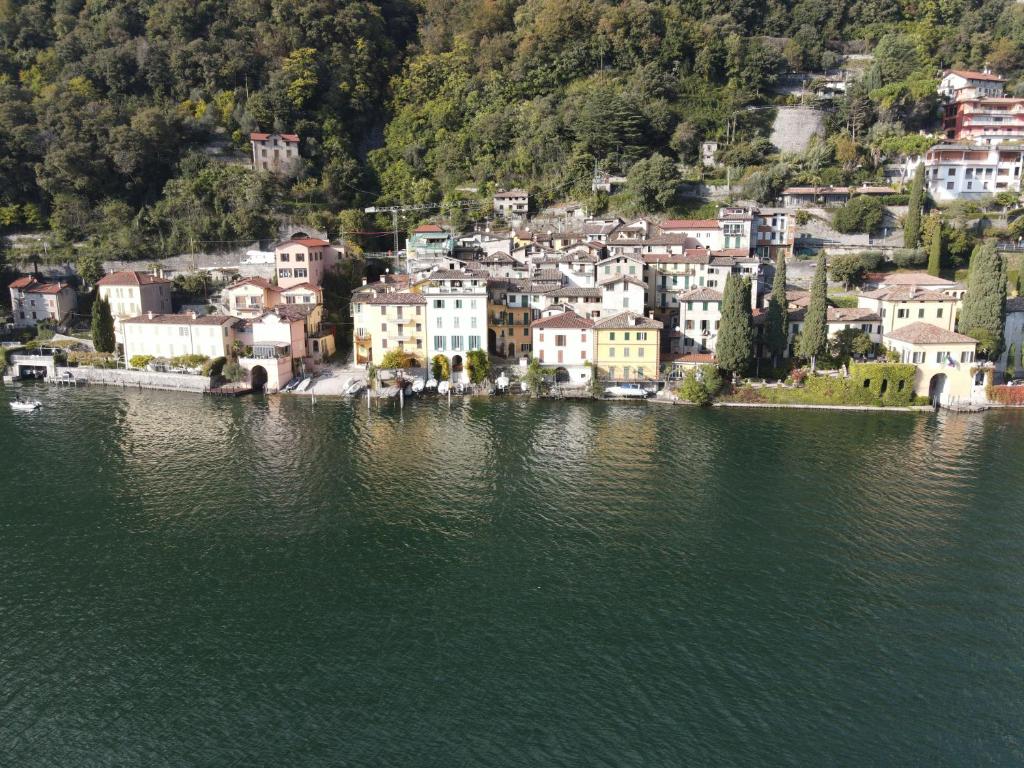 una città sulla riva di un grande bacino d'acqua di Lugano Lake, nido del cigno a Oria