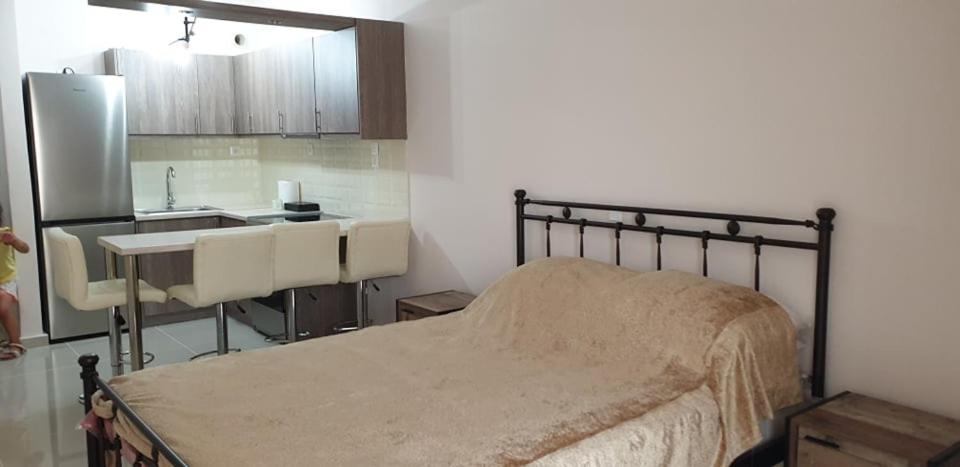 a bedroom with a bed and a kitchen with a sink at Loutraki Vibes Apartments 2 in Loutraki