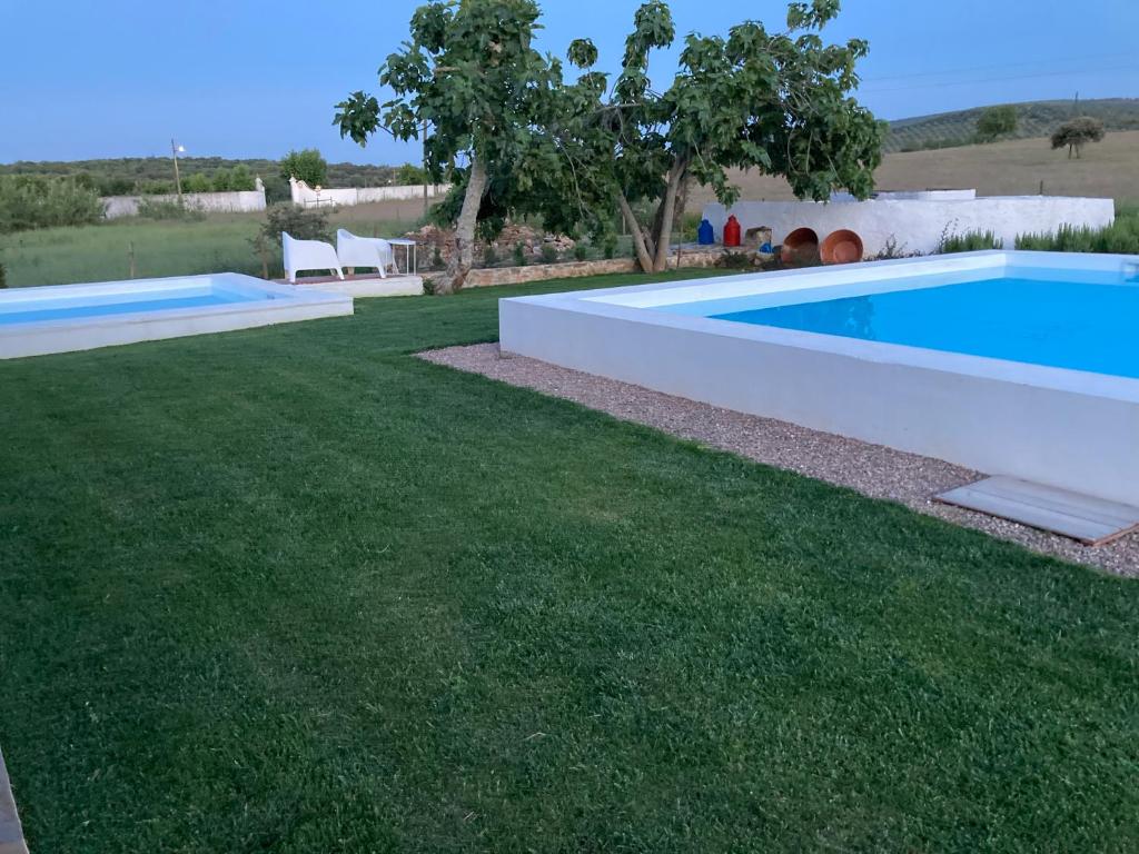 a swimming pool in a yard with a green lawn at Monte do Pombal in Sousel