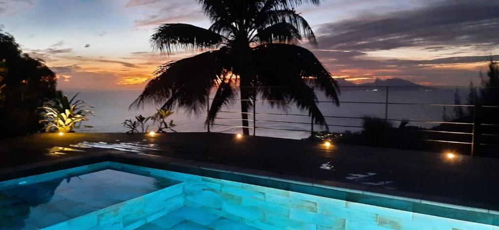 a swimming pool with a view of the ocean at night at PACIFIC VIEW Homestay in Punaauia