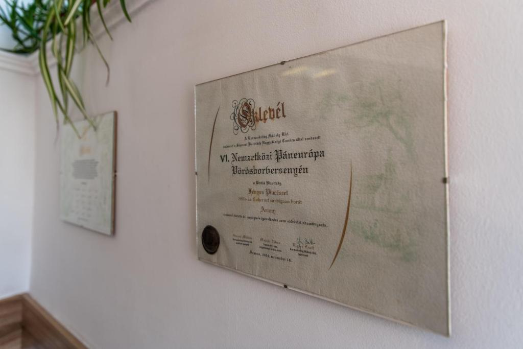 Certifikát, hodnocení, plakát nebo jiný dokument vystavený v ubytování Fényes Vinorium