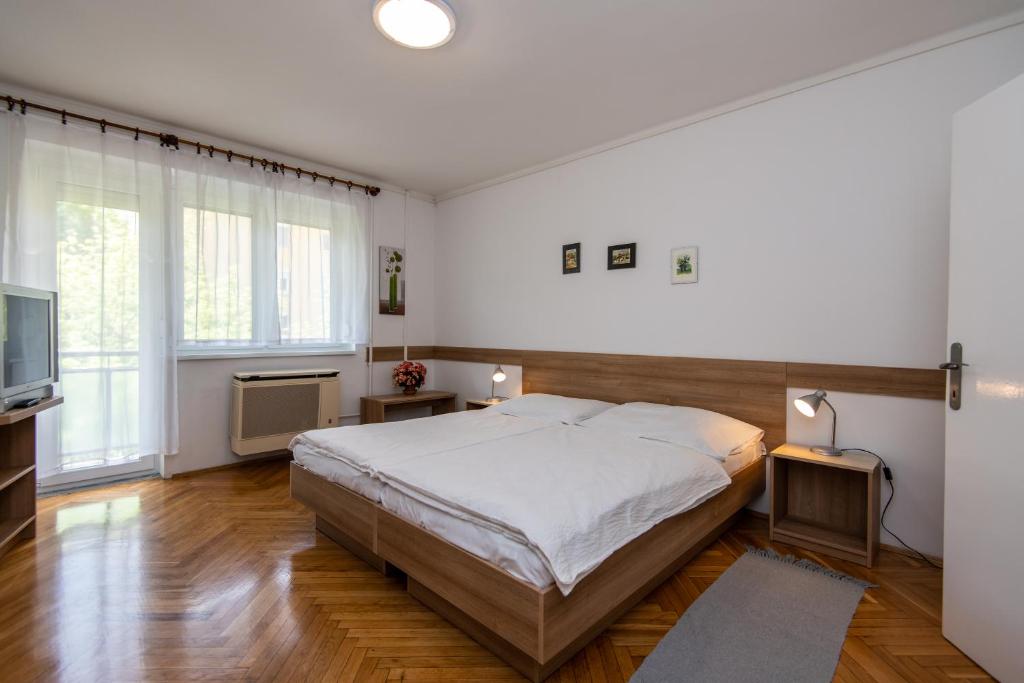 una camera con letto e TV a schermo piatto di Kis János Apartman a Sopron