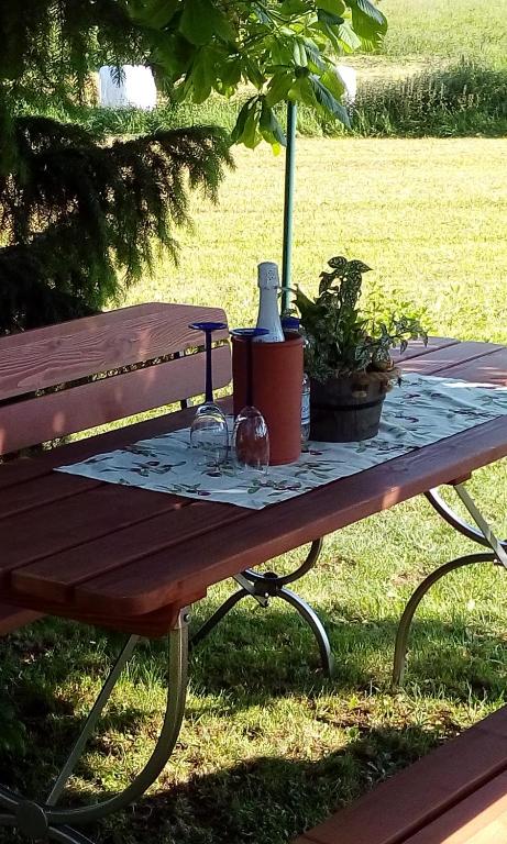 a picnic table with two glasses and a bottle on it at Ferienwohnung am Hochrhöner in Andenhausen