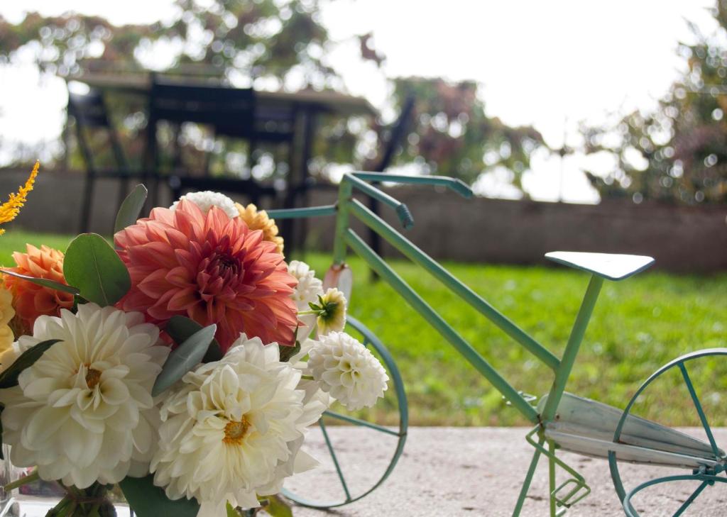 um vaso de flores sentado ao lado de uma cadeira em La Corte Segreta em Montepulciano