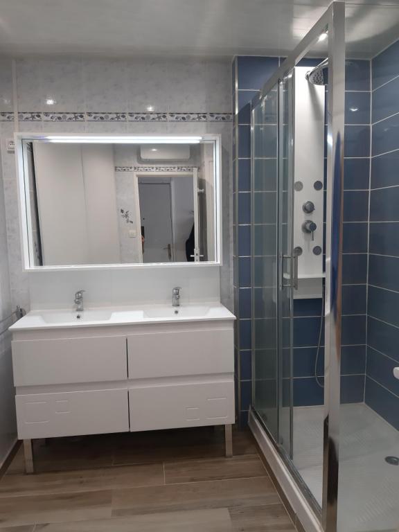 een badkamer met een witte wastafel en een douche bij appartement T3 Saint-Cyprien plage in Saint-Cyprien