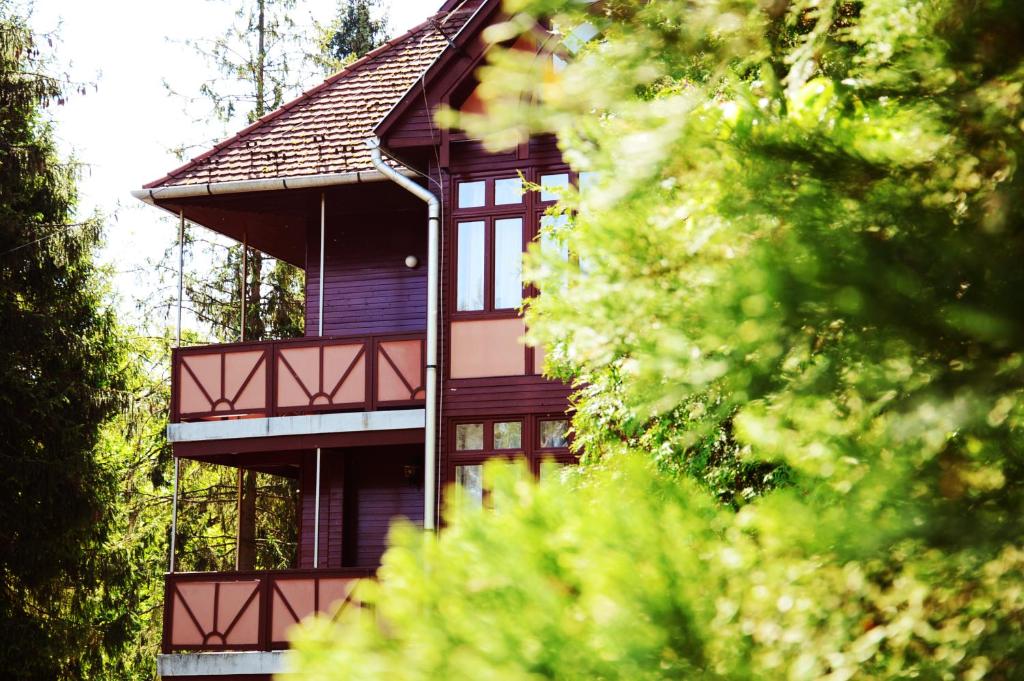 a brown building with a balcony in the trees at Ezüstfenyő Hotel in Telkibánya