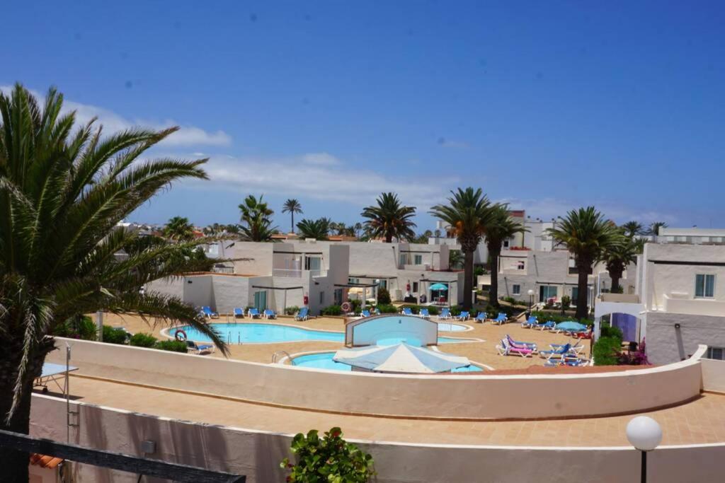 a resort with a pool and palm trees and buildings at Apartamento recien reformado en centro a tres minutos de la playa in Corralejo