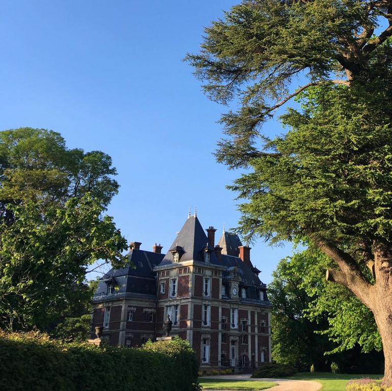 La Chapelle-du-Bois-des-Faulx的住宿－Aile Château La Chapelle du Bois des Faulx，前方有树的旧豪宅