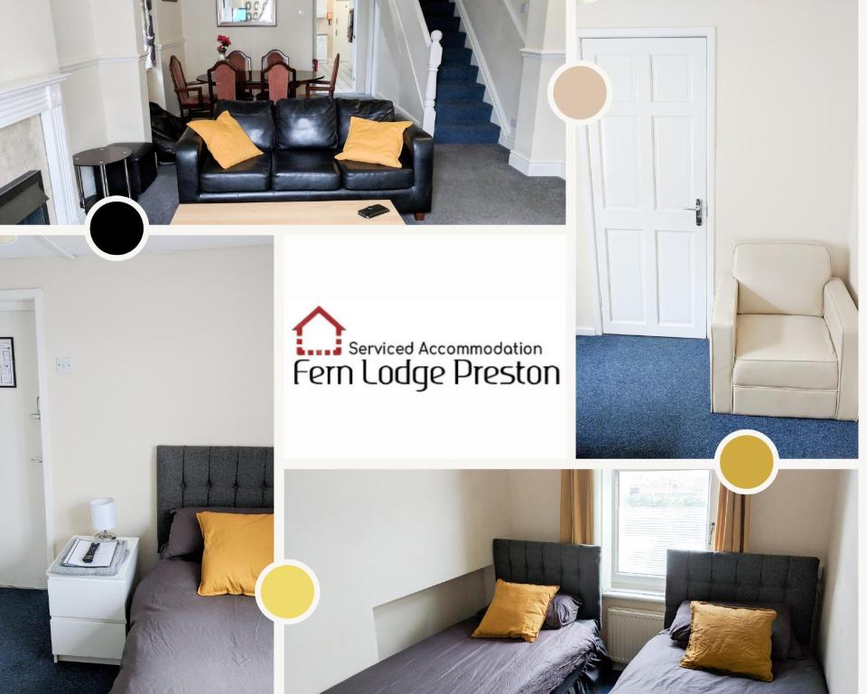 uma colagem de fotos de uma sala de estar com um sofá em 4 Bedroom House at Fern Lodge Preston Serviced Accommodation - Free WiFi & Parking em Preston
