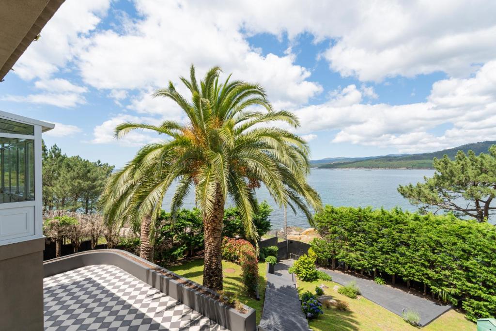 a palm tree in front of a house with the water at Casa Boa in Porto do Son