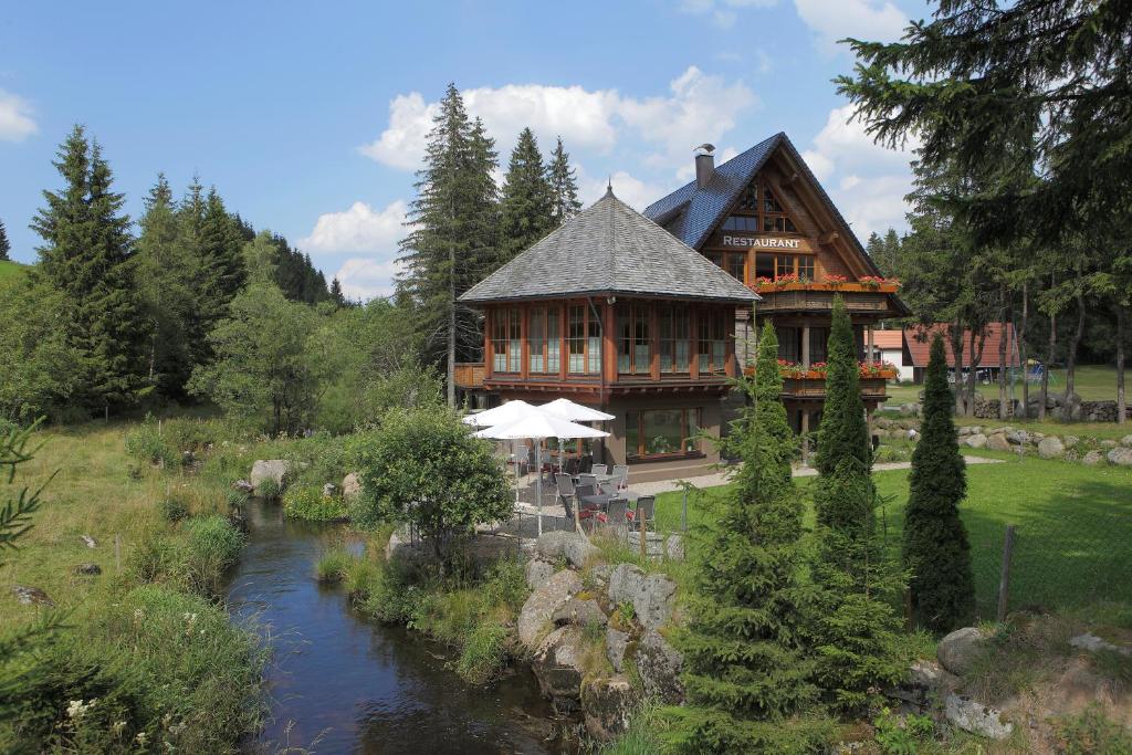 a large house with a river in front of it at Inselklause in Schonwald im Schwarzwald