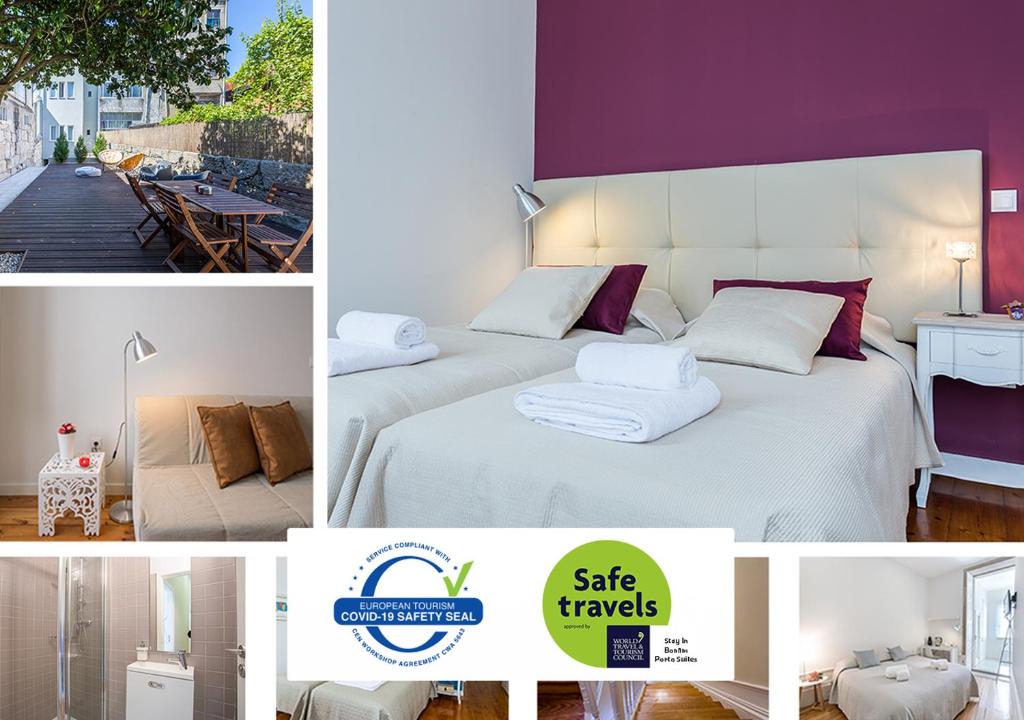un collage de fotos de un dormitorio con cama en StayINBonfim Porto Suites, en Oporto