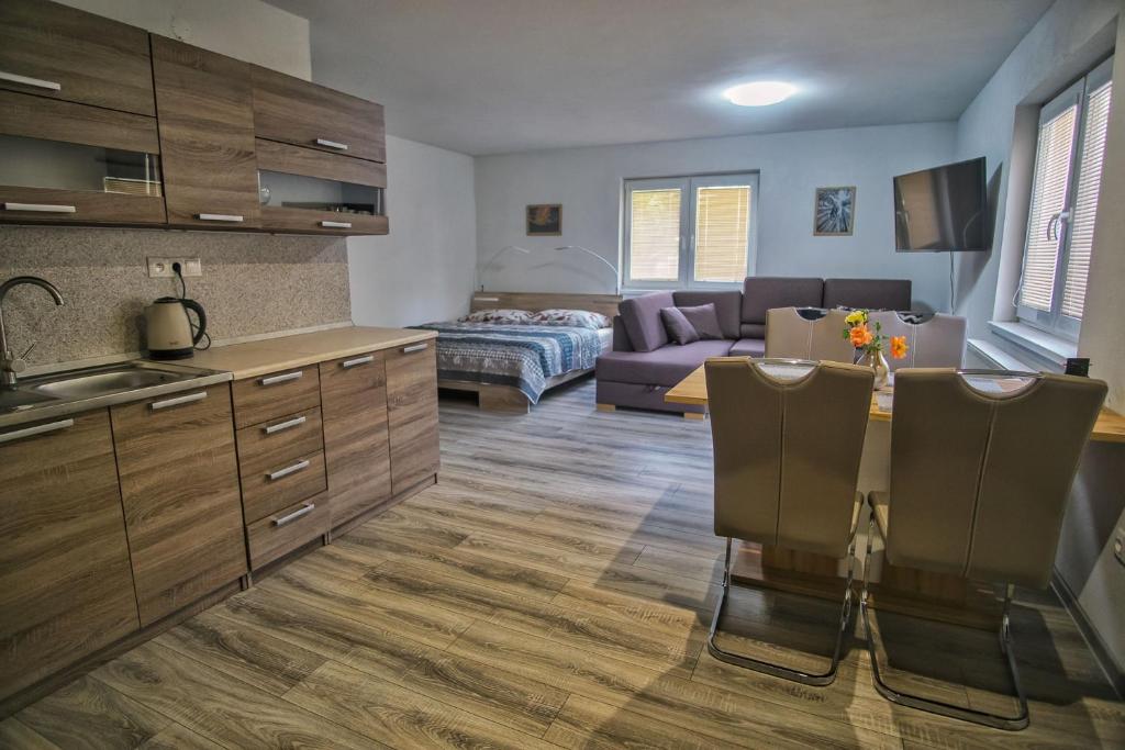 a kitchen and living room with a table and a couch at BIKE apartments 3 in Hodruša
