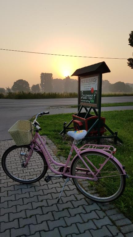 una bicicleta rosa estacionada frente a un cartel en M o e r e n h o f Ferienwohnung Xanten en Xanten