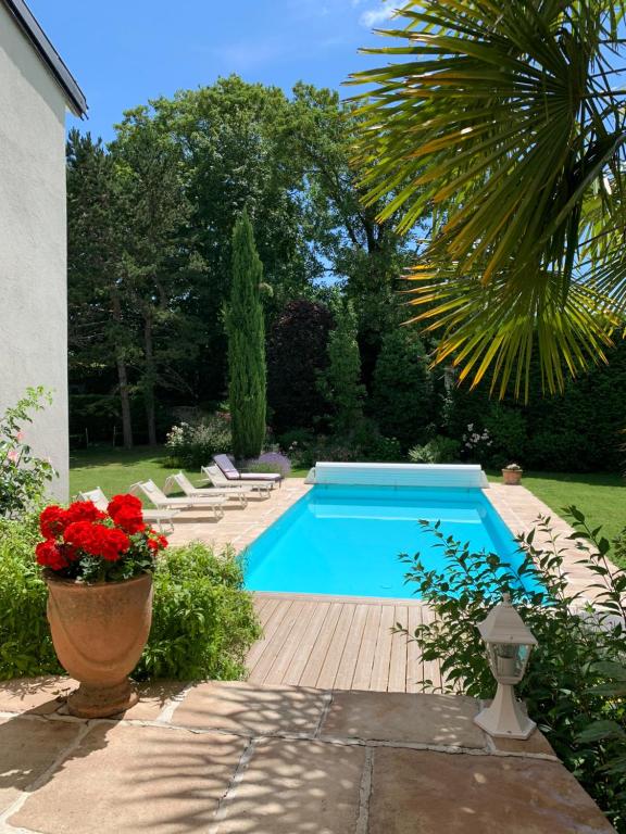 シャトー・ティエリにあるMaison d'Hôtes Joussaume Latourの花と椅子のある庭のスイミングプール