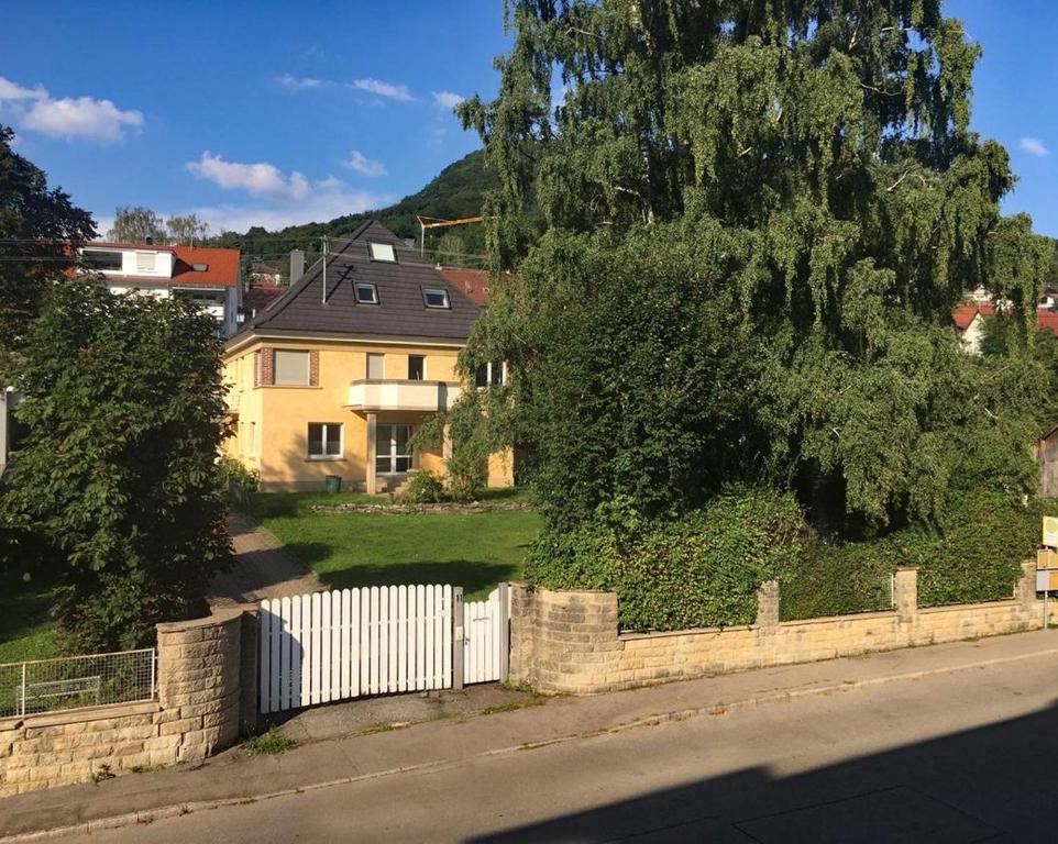 a house with a fence in front of a tree at Villa Lou in Mössingen