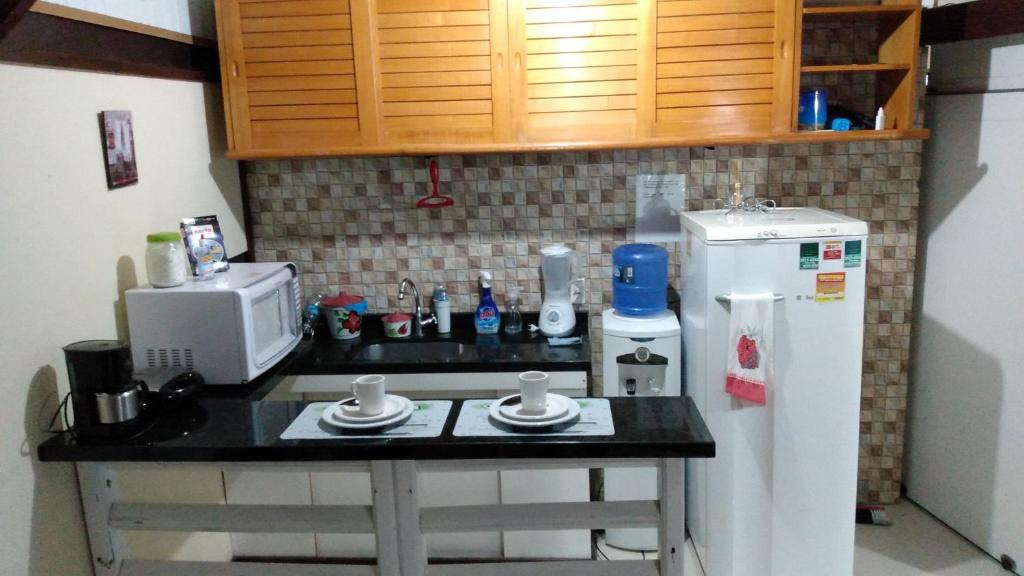 Il comprend une petite cuisine avec un comptoir et un réfrigérateur. dans l'établissement Loft Santos Dumont, à Nova Friburgo