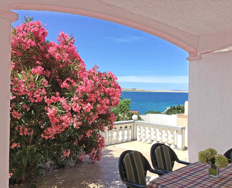 d'une table et de chaises sur un balcon orné de fleurs roses dans l'établissement Apartment Coral, à Metajna