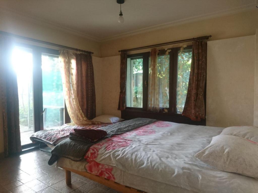 um quarto com uma cama grande e janelas em Minimax em Odessa