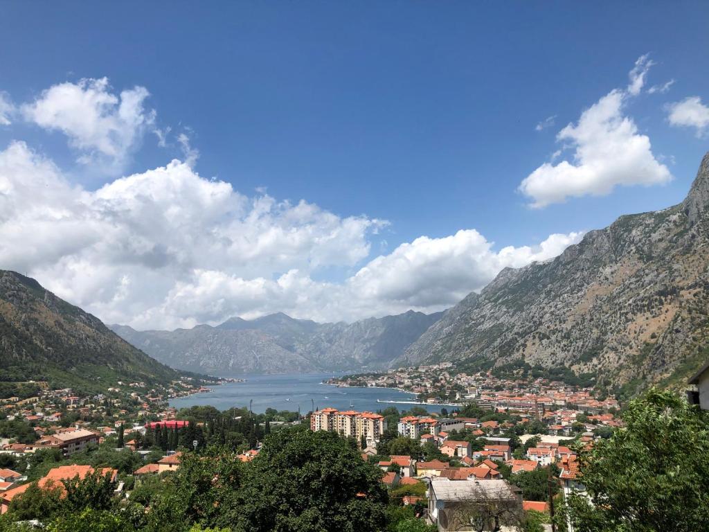 a view of a city and a lake in the mountains at Apartman Savo in Kotor