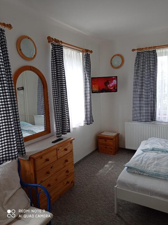 a bedroom with a bed and a mirror and a dresser at Pension U Václava in Janov