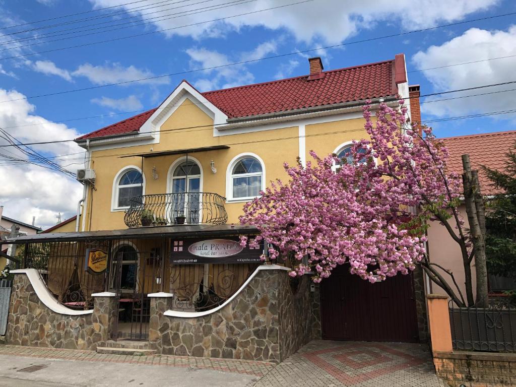 a yellow house with a flowering tree in front of it at Mala Praha in Uzhhorod