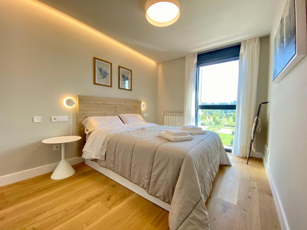 ein Schlafzimmer mit einem Bett und einem großen Fenster in der Unterkunft PUENTE SANTIAGO APOSTOL in Pontevedra