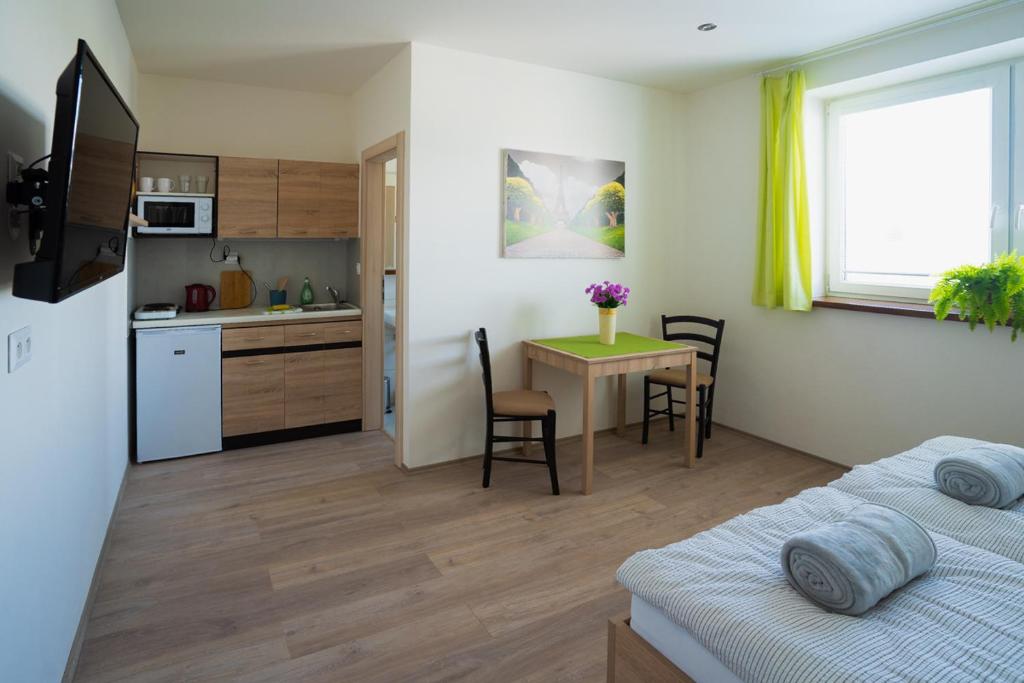 a kitchen and a living room with a bed and a table at Apartmány Pokoj Zvolen in Zvolen