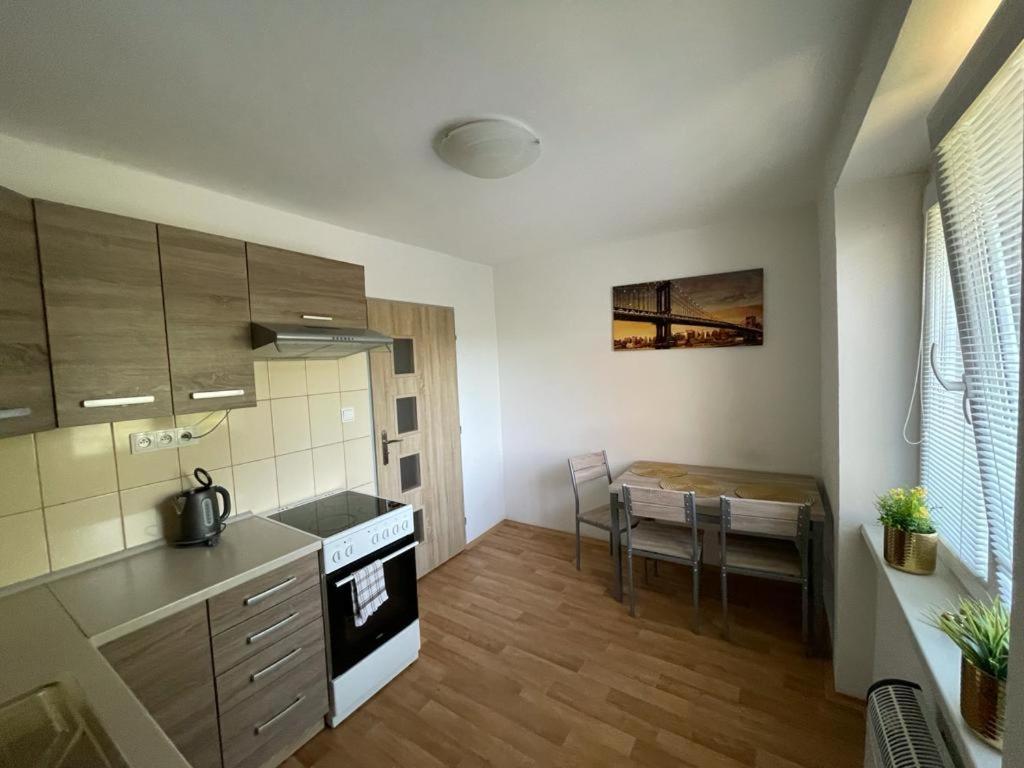 eine Küche und ein Esszimmer mit einem Tisch, einer Küche und einer Küche in der Unterkunft Apartmány - Školní in Chomutov