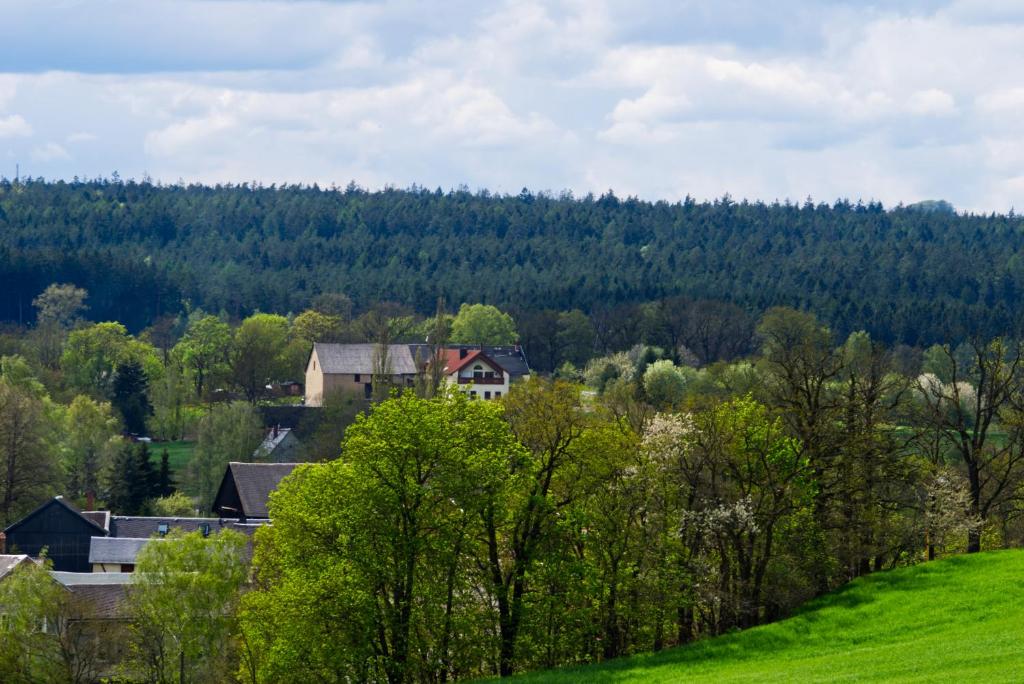 ein Haus inmitten eines Feldes mit Bäumen in der Unterkunft Pferdeparadies Wallengrün in Wallengrün