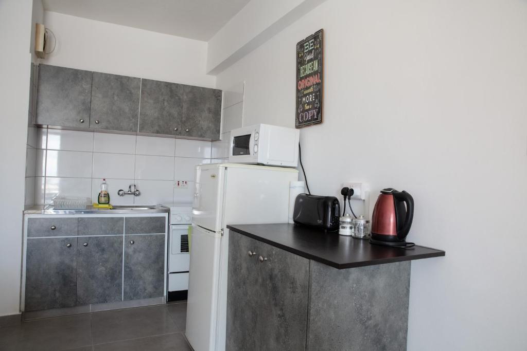 a small kitchen with a white refrigerator and a counter at Olive Island in Larnaka
