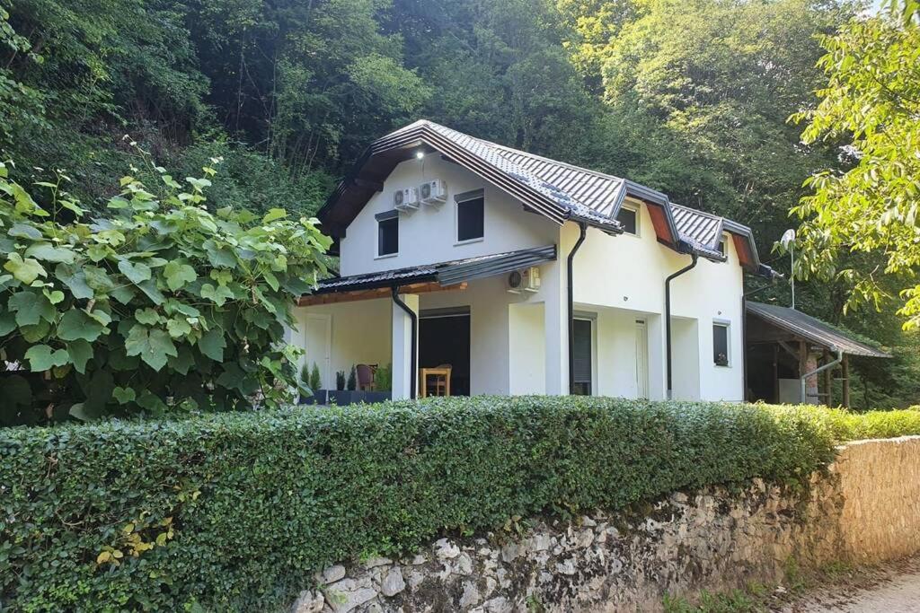 a white house with a hedge in front of it at Villa DIAL Lohovo-dvoslap in Bihać