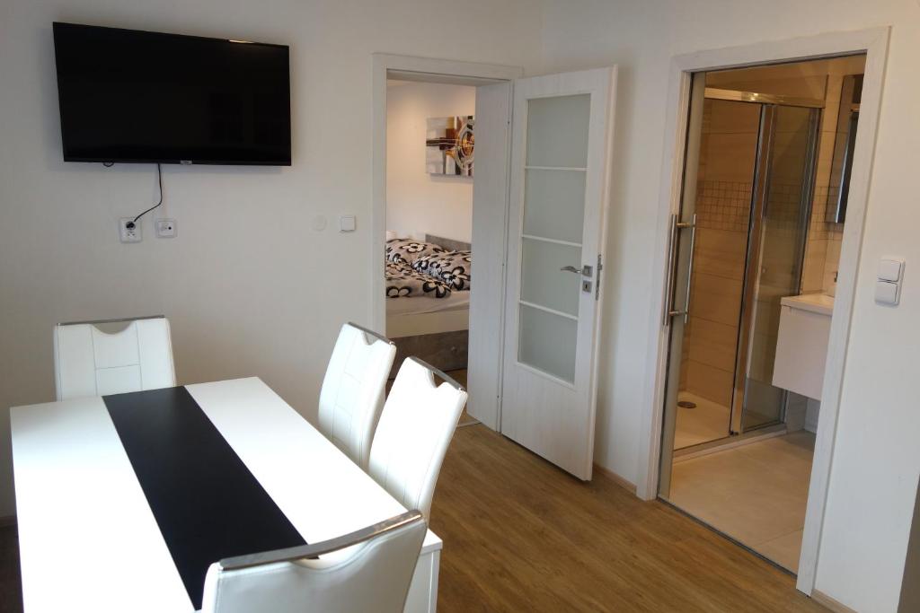 Televízia a/alebo spoločenská miestnosť v ubytovaní Apartmány pod Soláněm