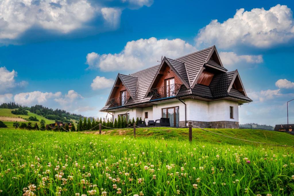 een huis op een heuvel met een groen veld bij Czeho House Domki Białka Tatrzańska in Białka Tatrzanska