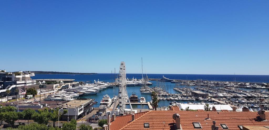a marina with boats docked in a harbor at O Festival Palace, terrace with panoramic sea view in Cannes