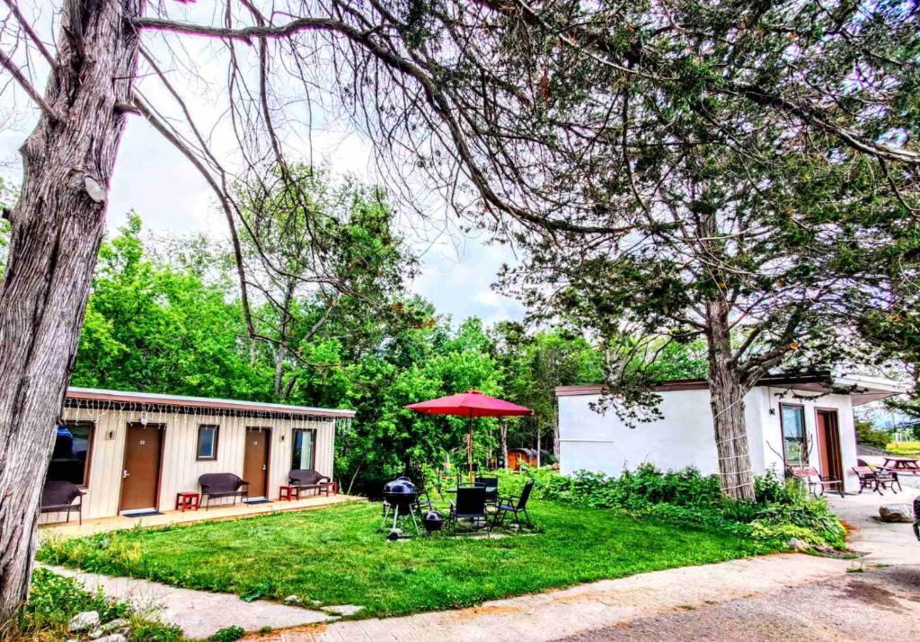 a yard with a house and a red umbrella at Salmon River Motel in Shannonville