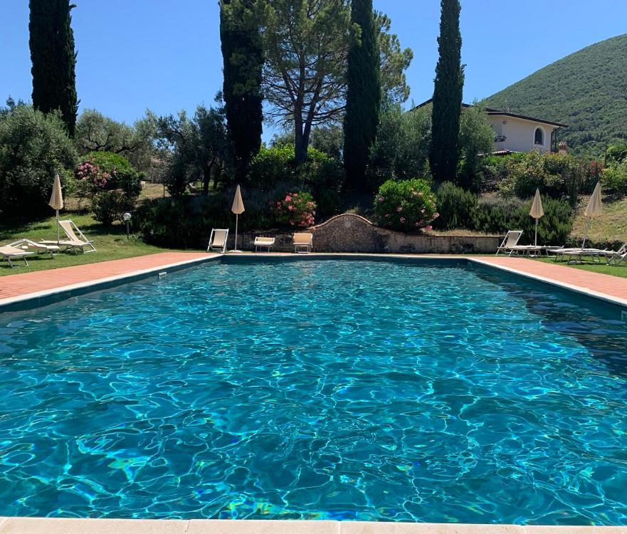 een groot zwembad met blauw water in een tuin bij Agriturismo Il Bagolaro in Nerola