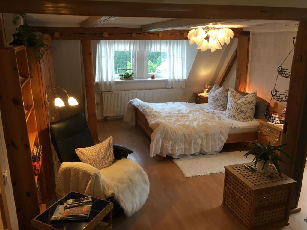 een slaapkamer met een bed en een stoel bij Ferienwohnung Wildenreuth in Weidenberg