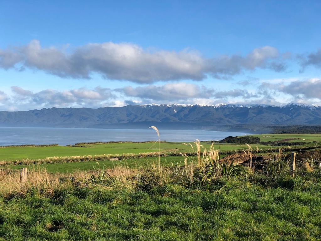a field with a view of the water and mountains at ToiToi Papatotara BnB in Papatotara