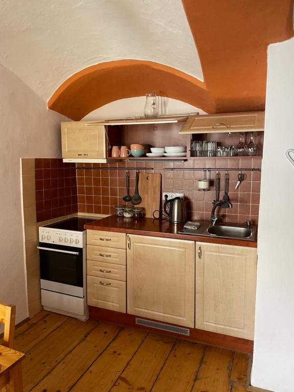 Kuchyň nebo kuchyňský kout v ubytování Apartmany u Synagogy
