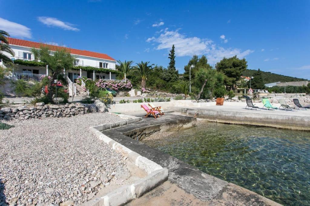 una piscina de agua frente a una casa en Apartments Stipo, en Drače