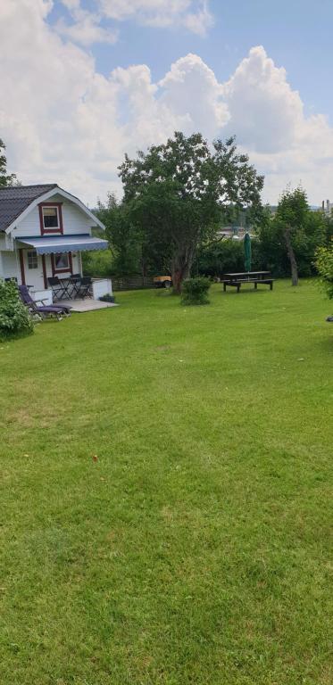 a yard with a picnic table and a house at Vita Lilla Stugan i Vimmerby in Vimmerby