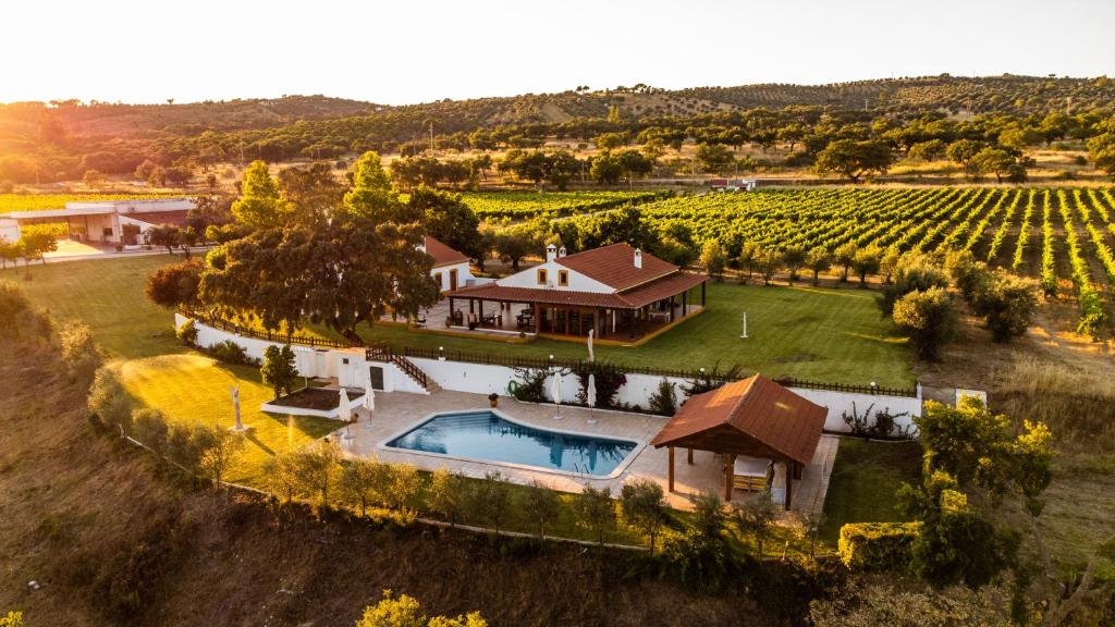 uma vista aérea de uma propriedade com piscina em MONTE DA RAPOSINHA Enoturismo, Montargil em Montargil